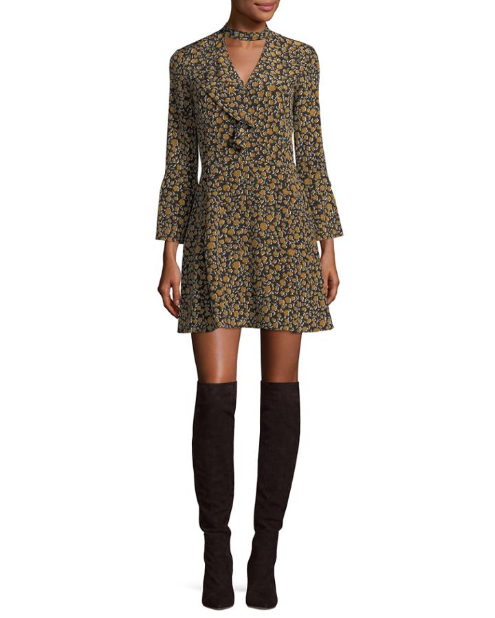 Bell-sleeve Cascade-ruffle Printed Silk A-line Dress