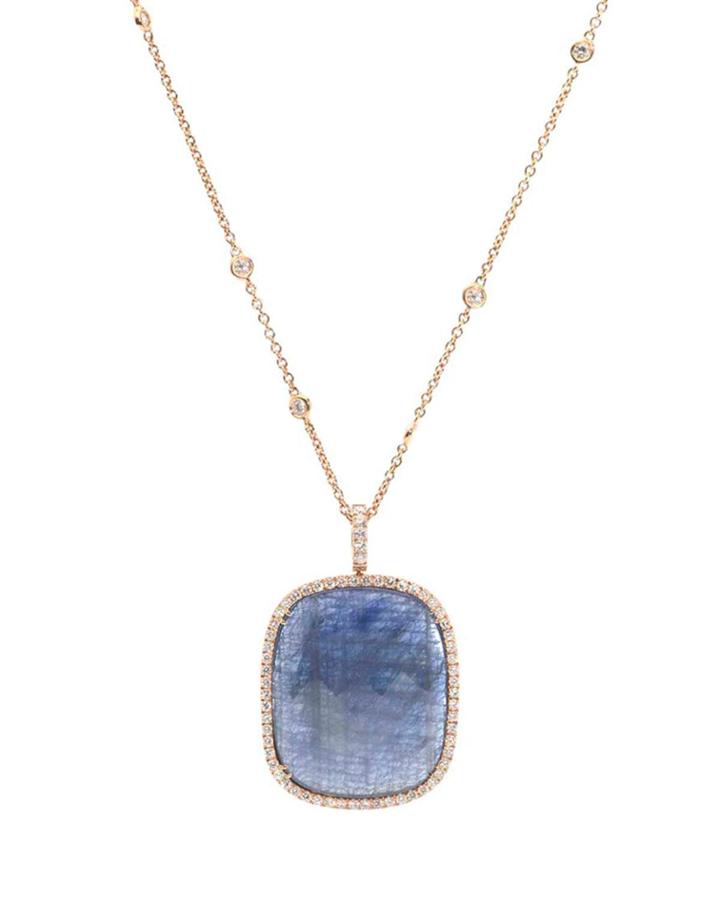 18k Yellow Gold Diamond-trim Sapphire Pendant Necklace, Blue