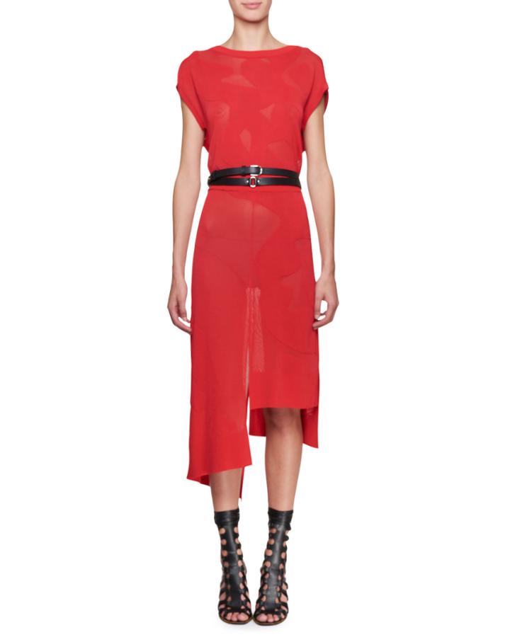 Short-sleeve Floral Mesh Dress With Asymmetric Hem