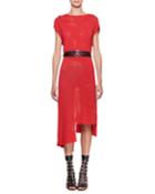 Short-sleeve Floral Mesh Dress With Asymmetric Hem