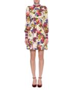 Mock-neck Zip-front Long-sleeve Floral-print Jersey Dress W/ Ribbed Trim