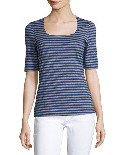 Square-neck Striped Tee, Blue Pattern