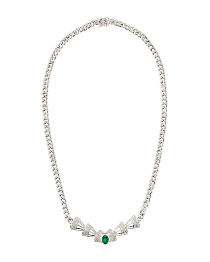 14k White Gold Diamond & Emerald Necklace