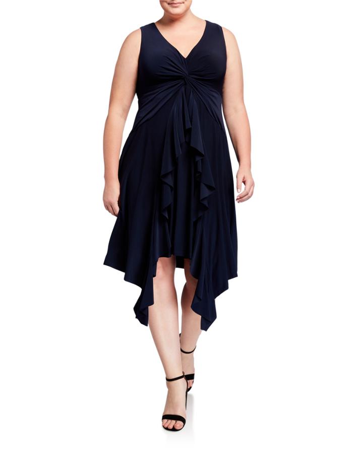 Plus Size Sleeveless V-neck Front Knot Ruffle Dress
