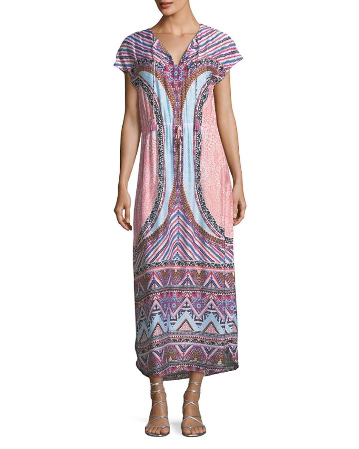 Sahara Nights Split-neck Printed Long Kaftan Dress