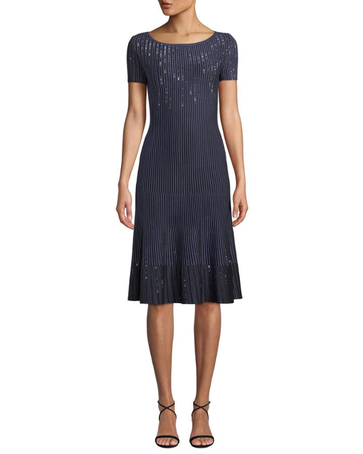Bateau-neck Short-sleeve Luxe Ottoman Knit Fit-and-flare Dress W/