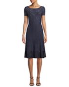 Bateau-neck Short-sleeve Luxe Ottoman Knit Fit-and-flare Dress W/