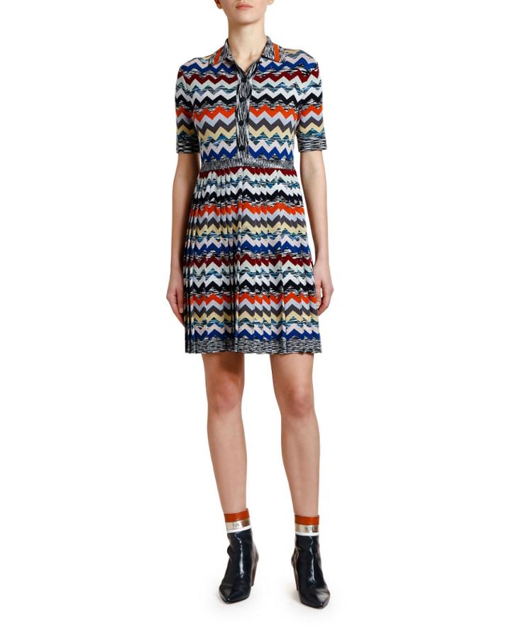 Pleated Zigzag Polo Dress