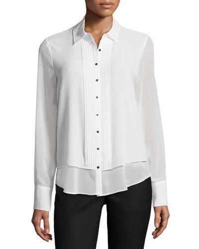 Georgette Pleated-front Blouse, White