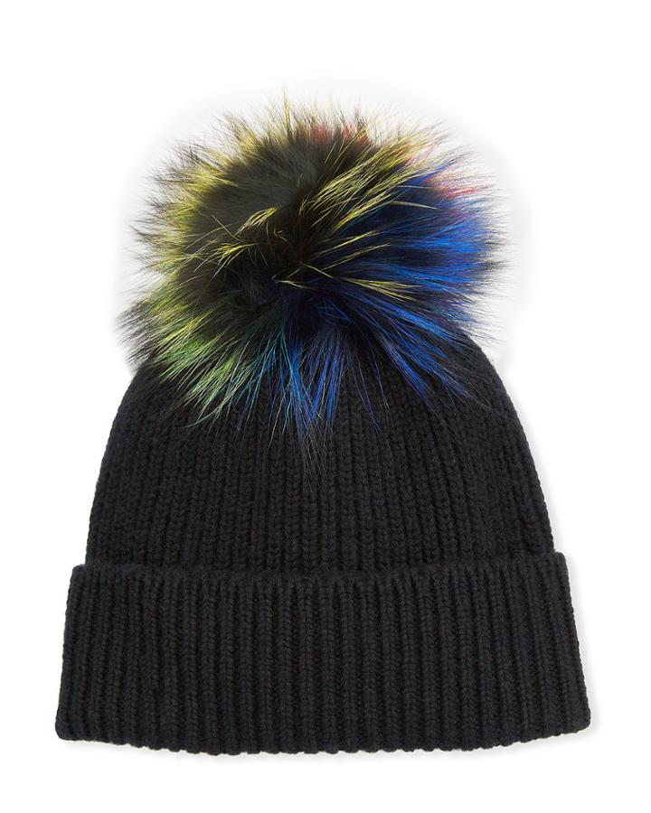 Knit Cashmere Beanie With Fur Pompom