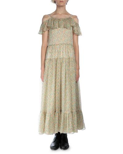 Off-the-shoulder Floral-print Dress, Yellow