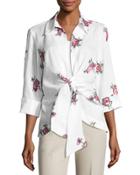 Linen Embroidered Tie-front Blouse, White