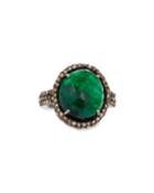 Round Silver Cocktail Ring With Emeralds & Diamonds,
