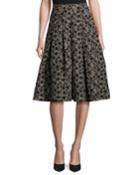 Floral Jacquard Box-pleat Skirt, Black/gold
