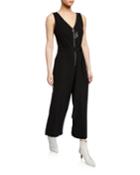 V-neck Zip-front Wide-leg Jumpsuit W/ Tie