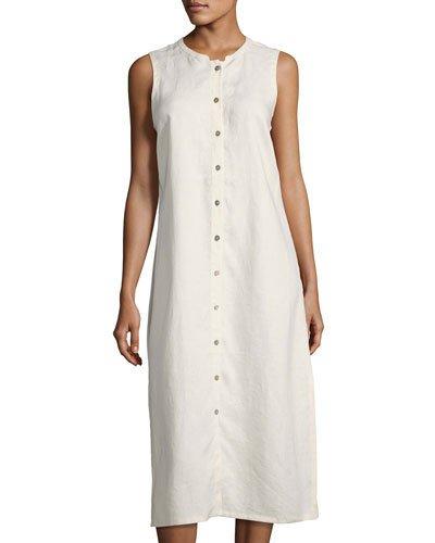 Mandarin-collar Linen Shift Dress, Beige