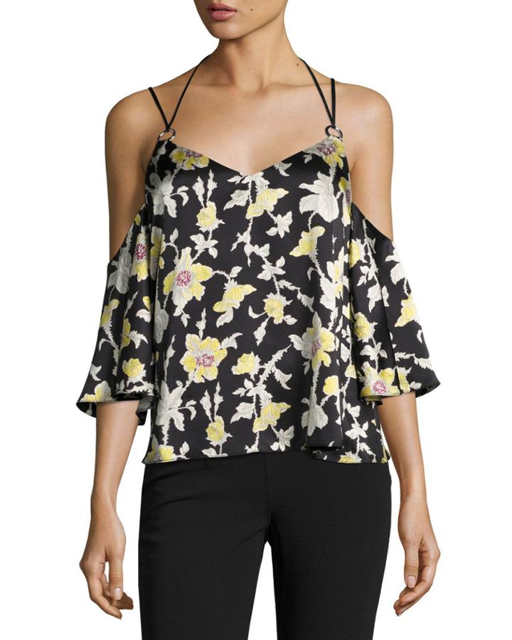 Rayna Floral Cold-shoulder Top, Green/black