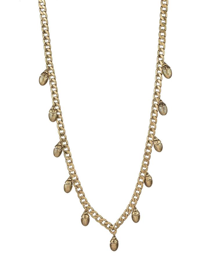 Long Scarab Fringe Necklace, Gold