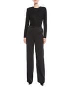 Beaded-bodice Jewel-neck Long-sleeve Belted Straight-leg Jumpsuit