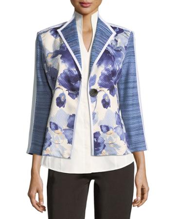 Watercolor Floral Stripe-sleeve Jacket,