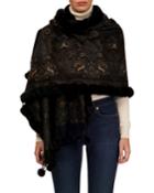 Double-face Cashmere Stole W/ Rabbit Fur Pompoms, Black Pattern