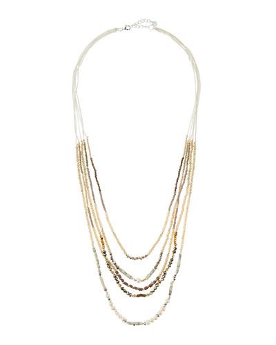 Long Beaded Pearly & Crystal Multi-strand Necklace, White
