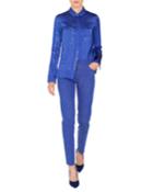 Button-front Long-sleeve Blueprint Silk