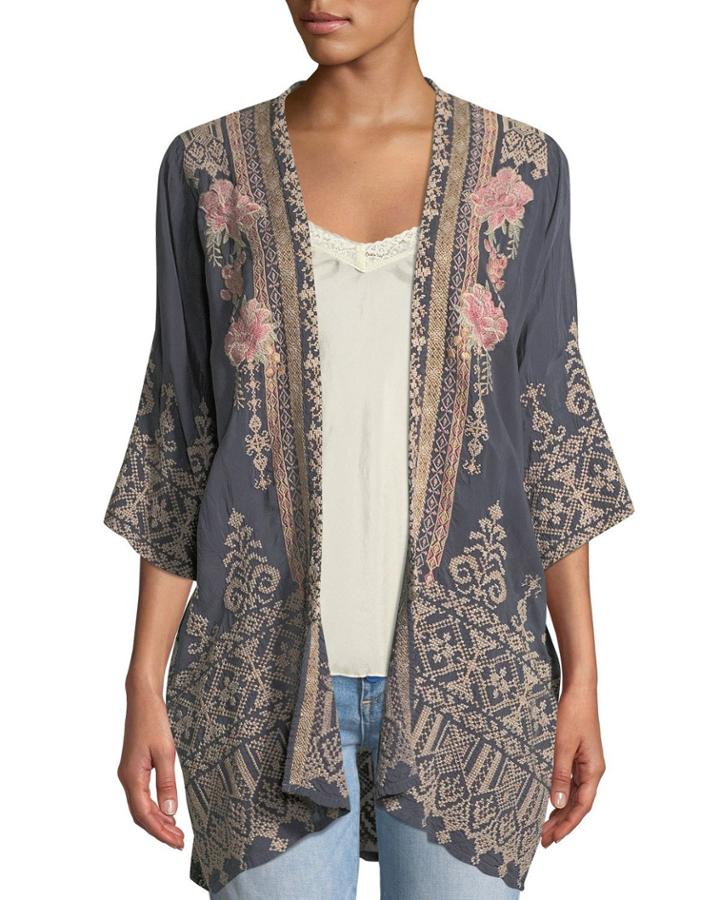 Plus Size Helena Open-front 3/4-sleeve Embroidered Georgette Kimono