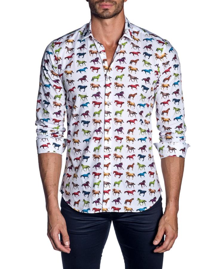 Men's Horse-print Long-sleeve Button-down Cotton