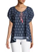 Feather-print Voile Short-sleeve Blouse