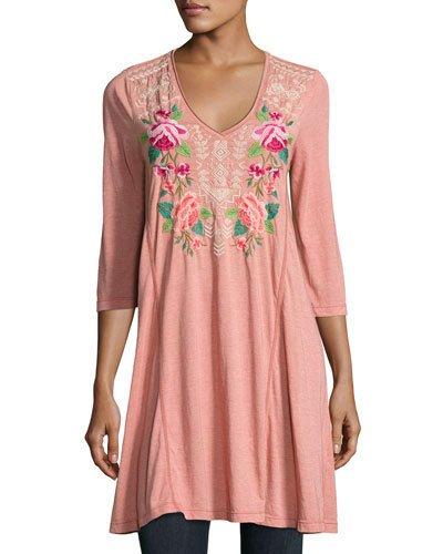 3/4-sleeve Draped T-shirt Tunic, Pink