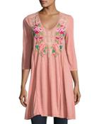 3/4-sleeve Draped T-shirt Tunic, Pink
