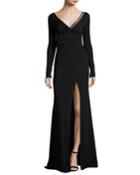 Beaded V-neck Long-sleeve Gown, Black