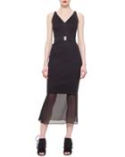 Sheer-hem Belted Dress, Black