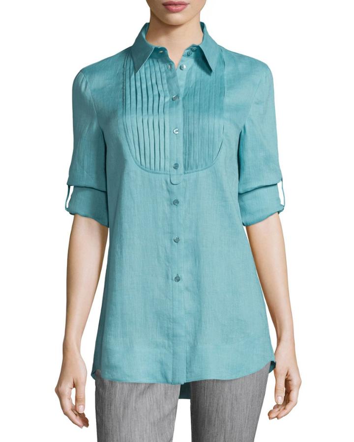 Long-sleeve Pleated-bib Tunic, Nile Green