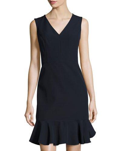Sleeveless V-neck Ruffle-hem Dress, Navy