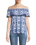 Off-the-shoulder Geometric-print Tasseled Blouse