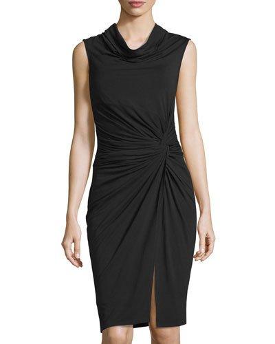 Sleeveless Cowl-neck Draped Dress, Black