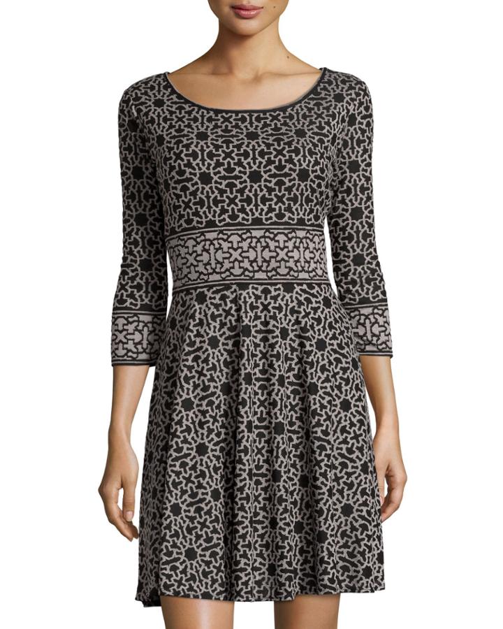 Max Studio Three-quarter-sleeve Tile-print Dress, Black/gray, Women's, Size: Small, Black/ Grey