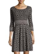 Max Studio Three-quarter-sleeve Tile-print Dress, Black/gray, Women's, Size: Small, Black/ Grey