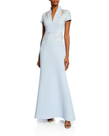 Embroidered Scuba Stand-collar Gown