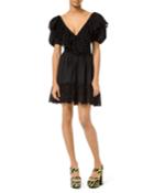 Cotton Poplin Puff-sleeve Belted Dress