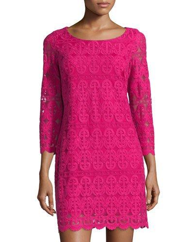 3/4 Sleeve Mesh Dress, Vivid Pink