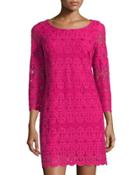 3/4 Sleeve Mesh Dress, Vivid Pink