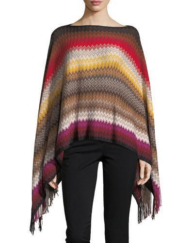 Fringed-trim Chevron-knit Poncho