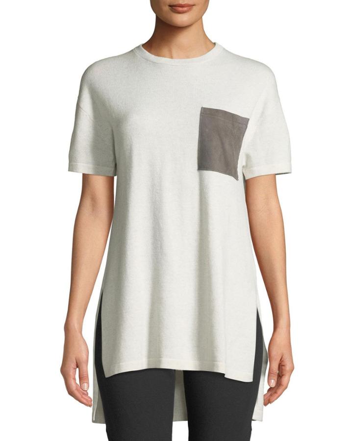 Long Short-sleeve V-neck Cashmere Sweater With Pocket