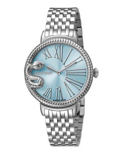 34mm Oversize Snake Watch W/ Bracelet, Blue/steel