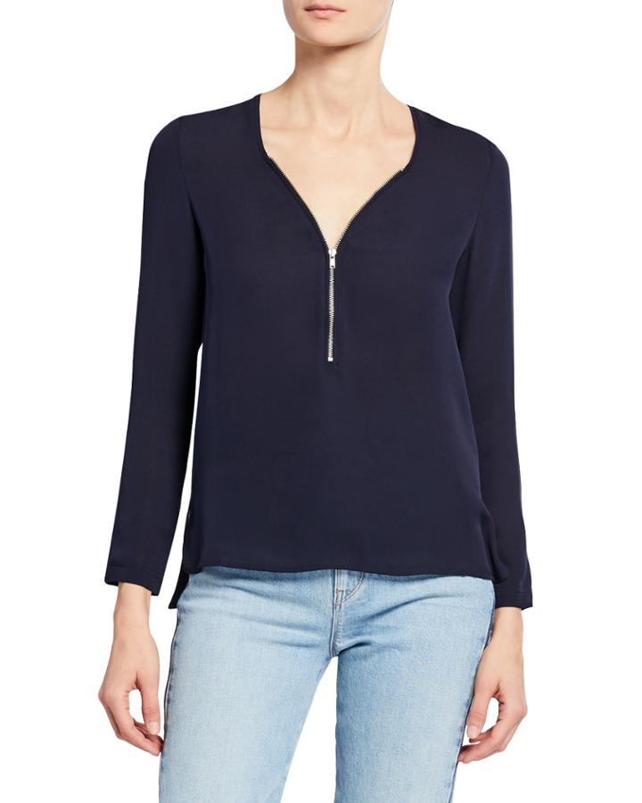 Silk Zip-front Long-sleeve Top