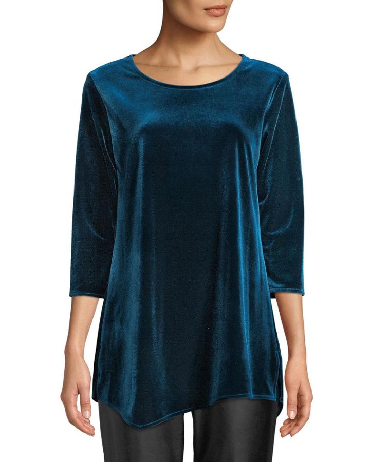 Plus Size Round-neck 3/4-sleeve Stretch-velvet Angled Top