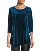 Plus Size Round-neck 3/4-sleeve Stretch-velvet Angled Top